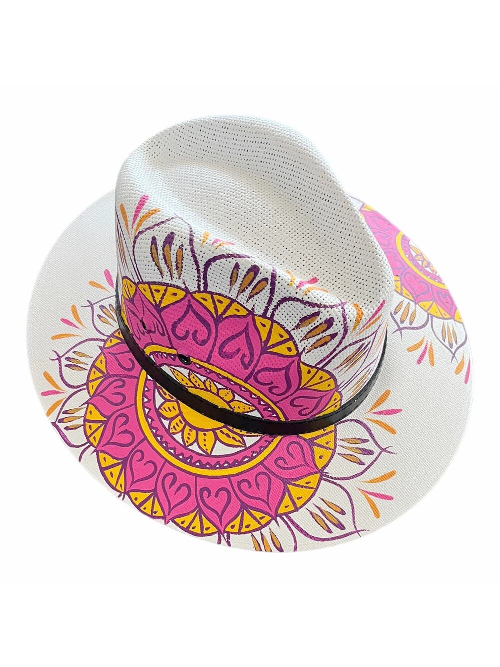 HAT MEXICAN Artisanal Hand Painted Fedora Mandala Sombrero Panama Bohemian White